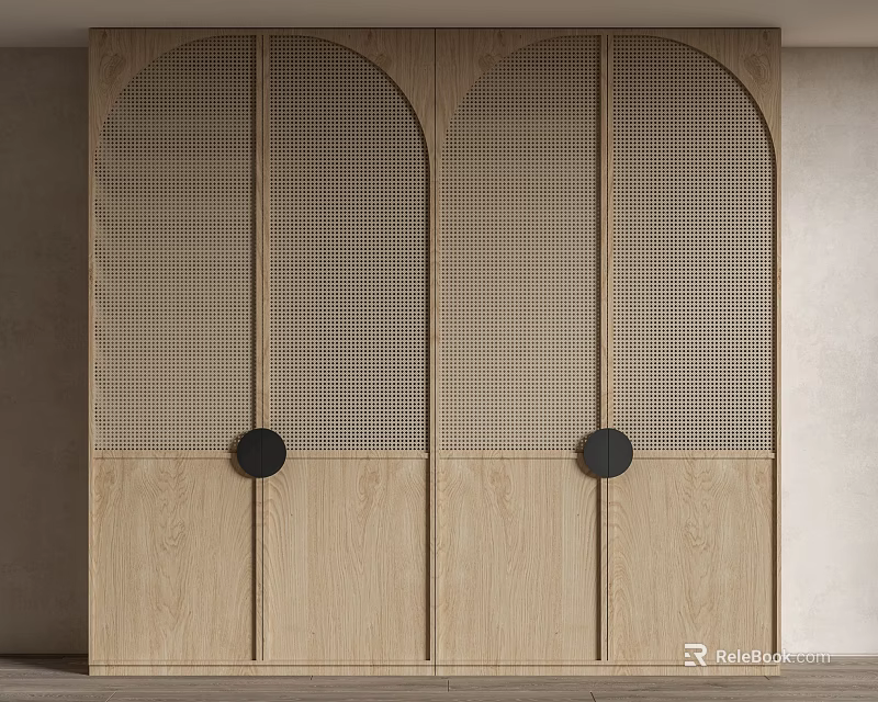 Modern Light Wood Wardrobe With Arched Lattice Panels And Black Round Handles 3d model 