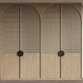 Modern Light Wood Wardrobe With Arched Lattice Panels And Black Round Handles