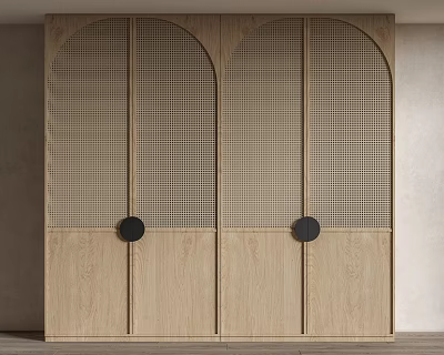 Modern Light Wood Wardrobe With Arched Lattice Panels And Black Round Handles 3d model