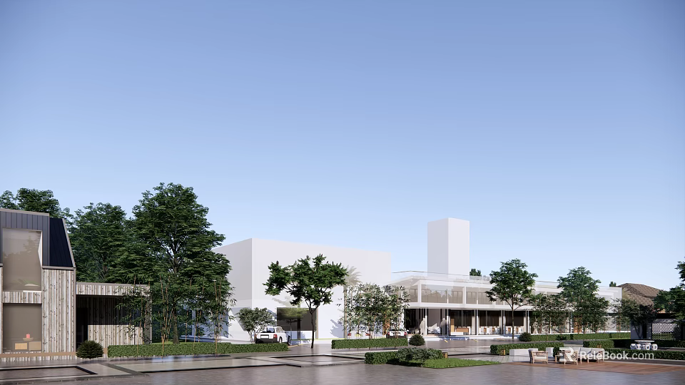 Modern Detached Villa With White Exterior Glass Curtain Wall Surrounding Trees Lawn And Parking Area 3d model 