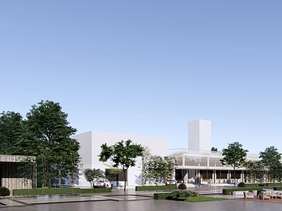 Modern Detached Villa With White Exterior Glass Curtain Wall Surrounding Trees Lawn And Parking Area 3d model