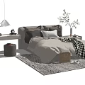 Cozy Double Bed Interior With Gray Quilt Pillows Plaid Blanket Bedside Tables Lamp And Plants On Rug