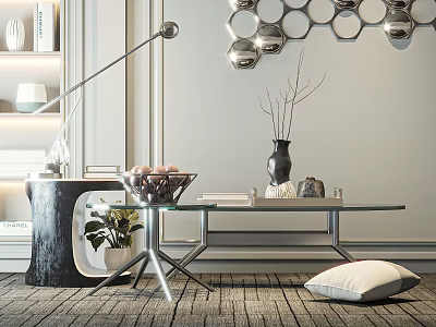 Modern Glass Top Coffee Table With Metal Legs Vase Branches Plant And Decorative Pillow 3d model