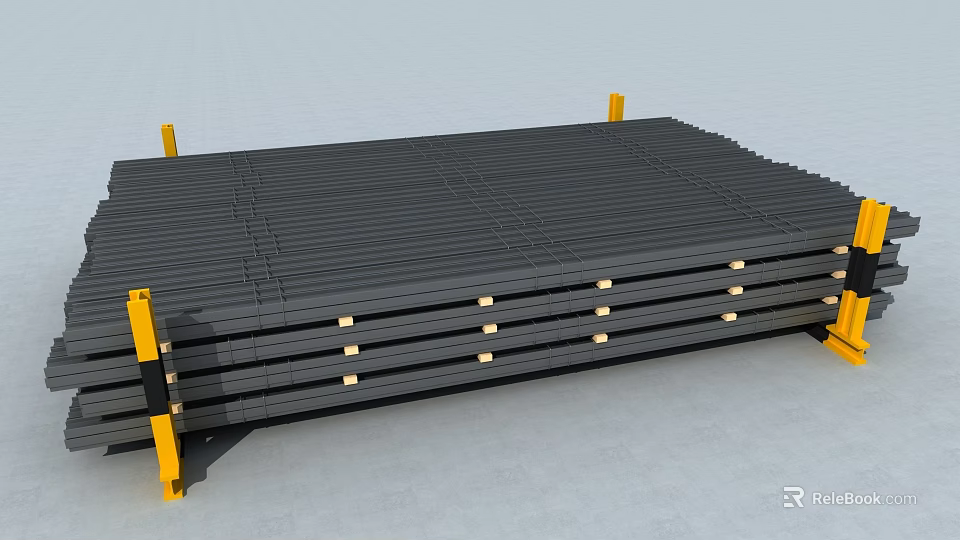 Black Long Strip Building Components Neatly Stacked With Yellow Support Structures 3d model 