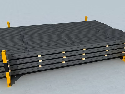 Black Long Strip Building Components Neatly Stacked With Yellow Support Structures 3d model