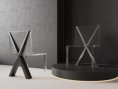 Transparent Acrylic Dining Chairs With X Shaped Design On Black Display Platform 3d model