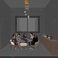Modern Box Interior With Round Table People City View Pendant Lights And Wooden Cabinet