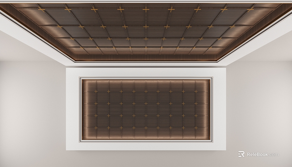 Elegant Modern Ceiling Design With Wooden Grid Panels And Gold Decorative Nails And White Border 3d model 