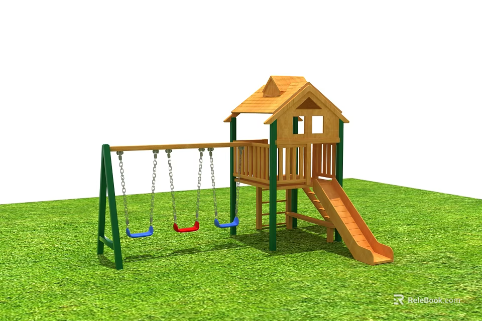 Wooden Playground Equipment Featuring Playhouse Slide And Three Seat Swings On Green Grass 3d model 