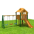 Wooden Playground Equipment Featuring Playhouse Slide And Three Seat Swings On Green Grass