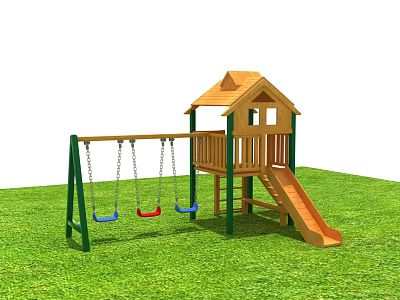 Wooden Playground Equipment Featuring Playhouse Slide And Three Seat Swings On Green Grass 3d model