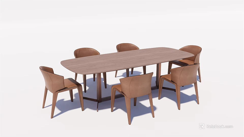 Modern Wooden Rectangular Dining Table Set With Six Brown Chairs 3d model
