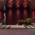 Elegant Red Themed Restaurant Interior With Water Wave Ceiling Grid Screen And Stone Path 3d model