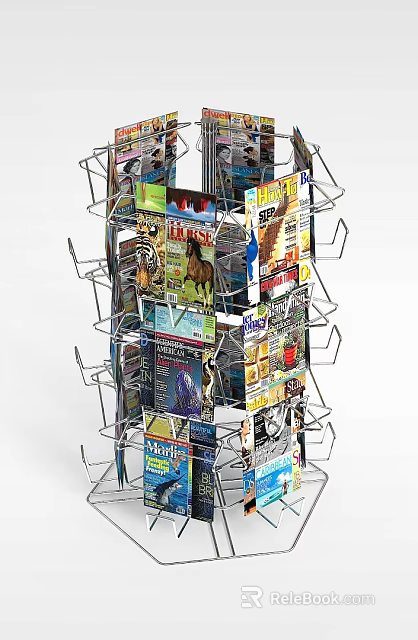 Rotating Metal Bookshelf With Multi Tiered Shelves Filled With Various Magazines 3d model 