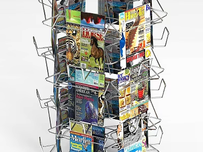 Rotating Metal Bookshelf With Multi Tiered Shelves Filled With Various Magazines 3d model