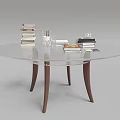 Modern Round Glass Coffee Table with Wooden Legs and Stacked Books Pencil Holder on Top