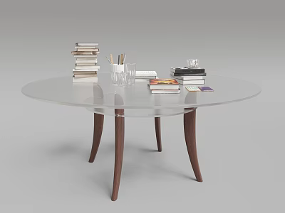 Modern Round Glass Coffee Table with Wooden Legs and Stacked Books Pencil Holder on Top 3d model