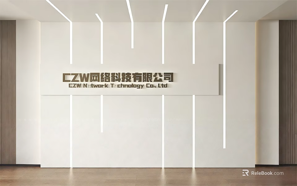 Modern Corporate Background Wall with Company Name Logo Vertical Lines and Wooden Floor 3d model 