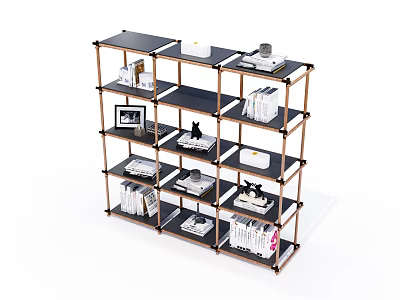 Modern Multi tiered Bookcase With Copper Frame Black Shelves And Books Photo Frame Decorations 3d model