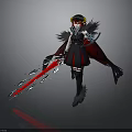 Fantasy Woman in Black Dress Red Cape Feather Accents Holding Glowing Red and Blue Longsword