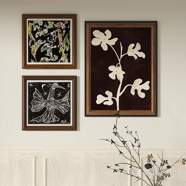 Three Abstract Paintings In Wooden Frames With Floral Patterns Wall Display Interior Decor 3d model