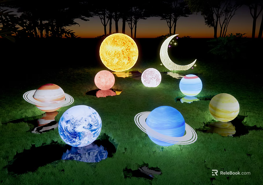 Planets Moon Sun Shaped Outdoor Lights For Lawn Garden Glowing Decorative Illumination 3d model 