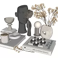 Modern Decorative Ornament Set with Black Sculptural Head White Vase Dried Flowers Chessboard and Tray