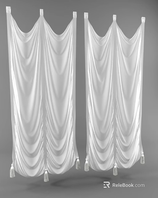 Elegant White Pleated Curtains With Double Panel Drapery And Soft Design 3d model