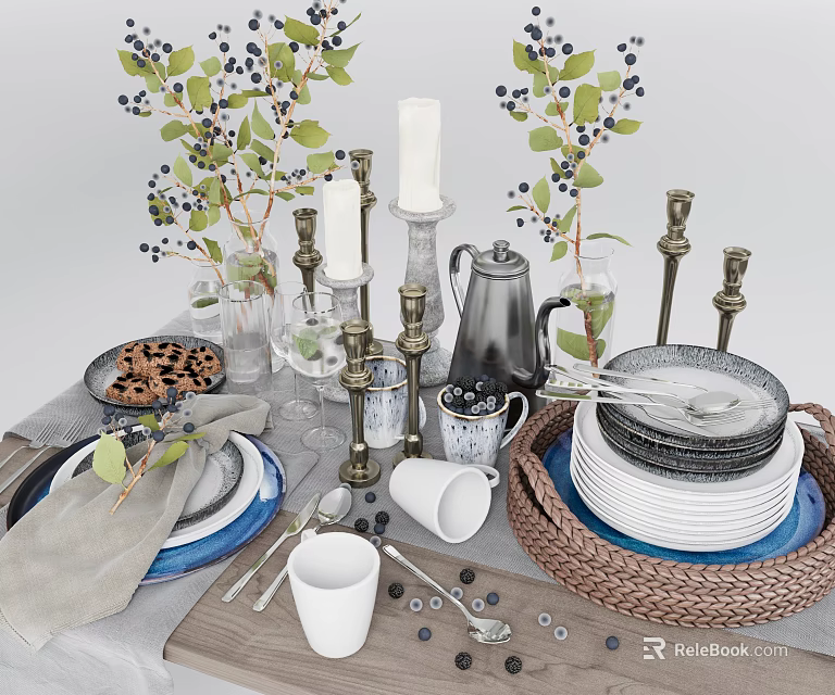 Stylish Tableware Set Including Plates Cups Glassware and Wicker Basket with Blueberry Branches Candle Holders 3d model 