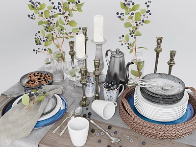 Stylish Tableware Set Including Plates Cups Glassware and Wicker Basket with Blueberry Branches Candle Holders 3d model