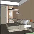Hotel Guest Room With Comfortable Bed Pillows Bathrobes Shelves And Copper Pendant Light