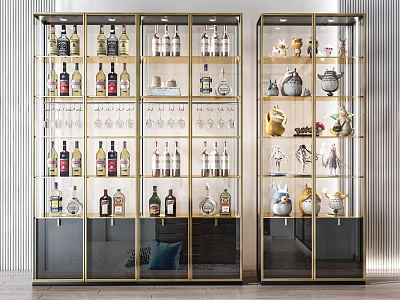 Modern Wine Storage Cabinet With Gold Frame Glass Door And Wine Bottles Glasses Decorative Items 3d model