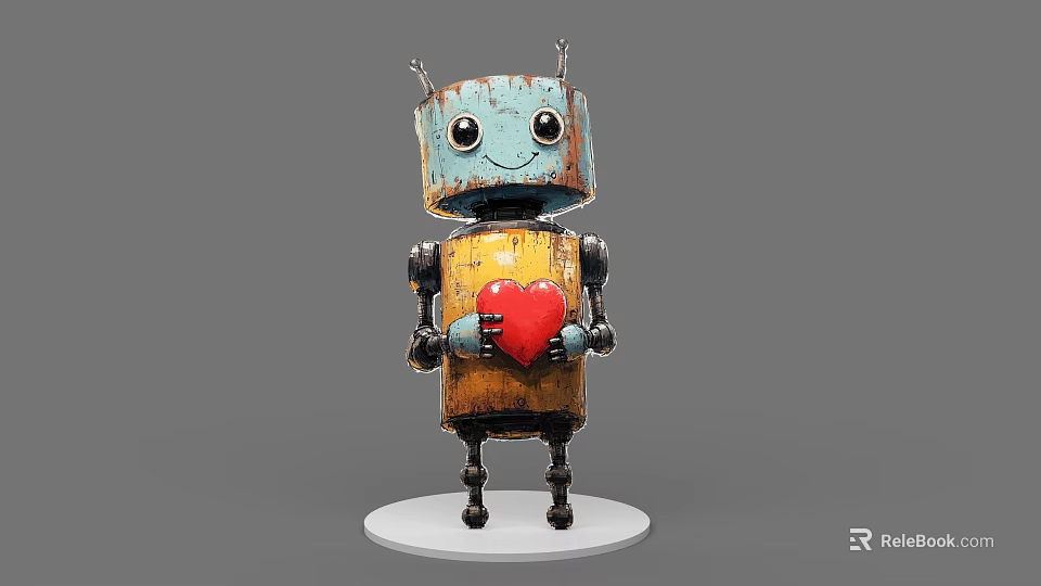 Retro Robot Game Character Holding Red Heart on White Base with Vintage Design 3d model 