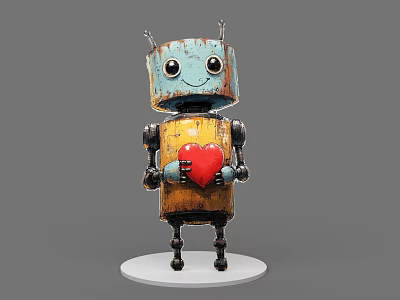 Retro Robot Game Character Holding Red Heart on White Base with Vintage Design 3d model