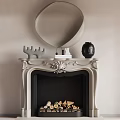 Ornate White Fireplace Interior With Round Mirror Deer Figurine Black Vase And Firewood