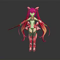 Anime Style Female Character with Red Hair Orange Gradient Horns Red White Battle Outfit Sword