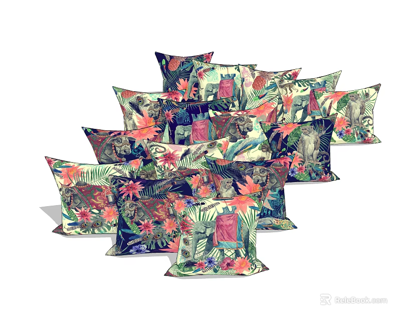 Colorful Tropical Floral Throw Pillows With Vibrant Plant Patterns For Home Decor 3d model 