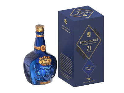 Royal Salute 21 Scotch Whisky Bottle And Wine Glass In Blue With Gold Trim 3d model