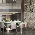 Elegant Modern Restaurant Interior With Green Marble And Chandelier Dining Table