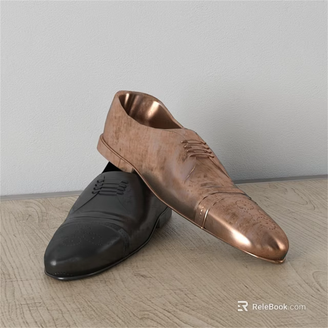 Stylish Copper And Black Lace Up Leather Shoes Stacked In Home Display Setting 3d model 