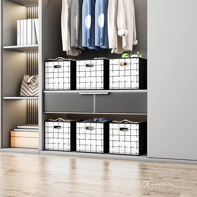 Home Living Supplies Organized Closet Interior with Grid Storage Bins and Hanging Clothes 3d model 