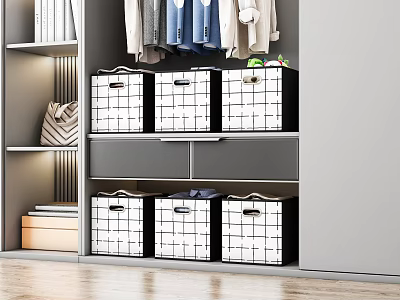 Home Living Supplies Organized Closet Interior with Grid Storage Bins and Hanging Clothes 3d model