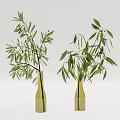 Two Green Glass Vases With Fresh Green Leafy Branches On White Background