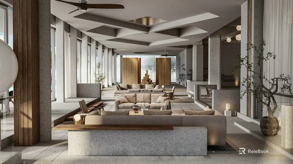 Modern Hotel Public Lounge Area With Large Windows Comfortable Sofas And Unique Ceiling Design 3d model