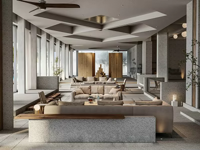 Modern Hotel Public Lounge Area With Large Windows Comfortable Sofas And Unique Ceiling Design 3d model