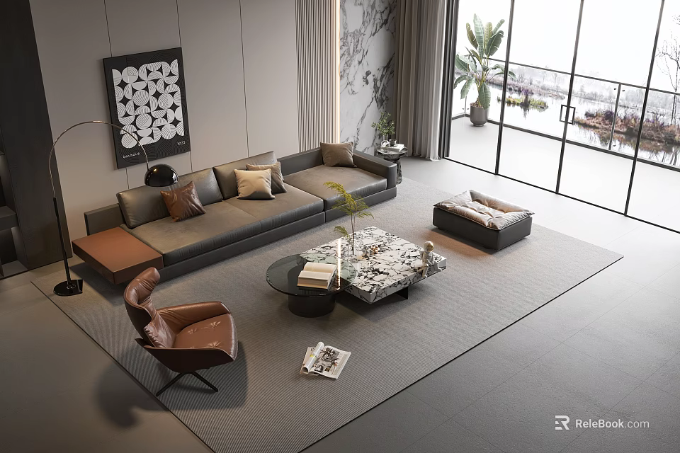 Modern Living Room Interior Design Sofa and Coffee Table Set With Pillows And Flower Vase 3d model 