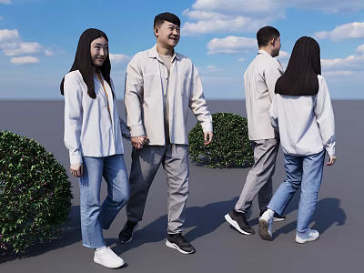 Couple Holding Hands in White Tops and Jeans with Green Bushes and Blue Sky 3d model