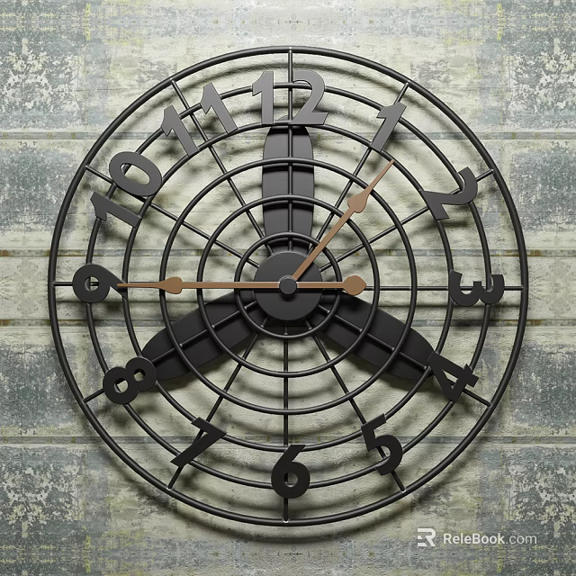 Black Metal Grid Wall Clock With Copper Hands And Gray Wooden Background 3d model 
