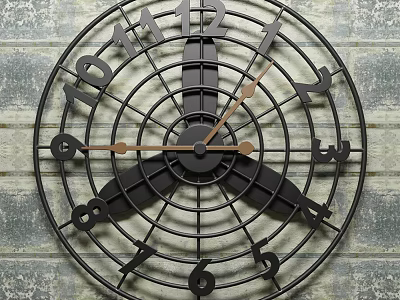 Black Metal Grid Wall Clock With Copper Hands And Gray Wooden Background 3d model