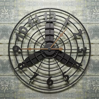 Black Metal Grid Wall Clock With Copper Hands And Gray Wooden Background 3d model